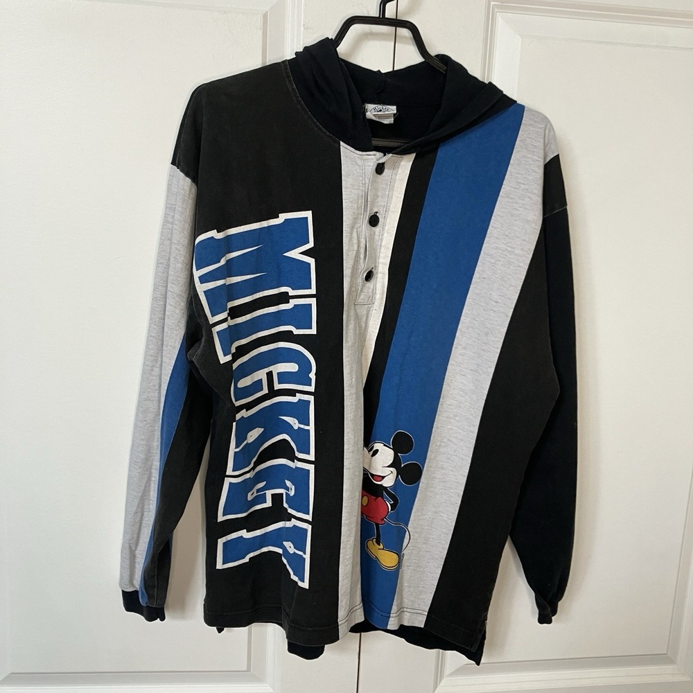 Vintage Mickey & Co Disney Hooded Rugby Shirt Colorblock Striped Mens Medium